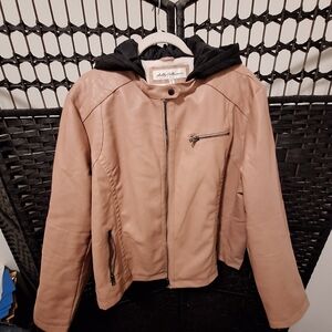 NEW- Leather Jacket, Sherpa Insides with an attached hood. Sz 3x..